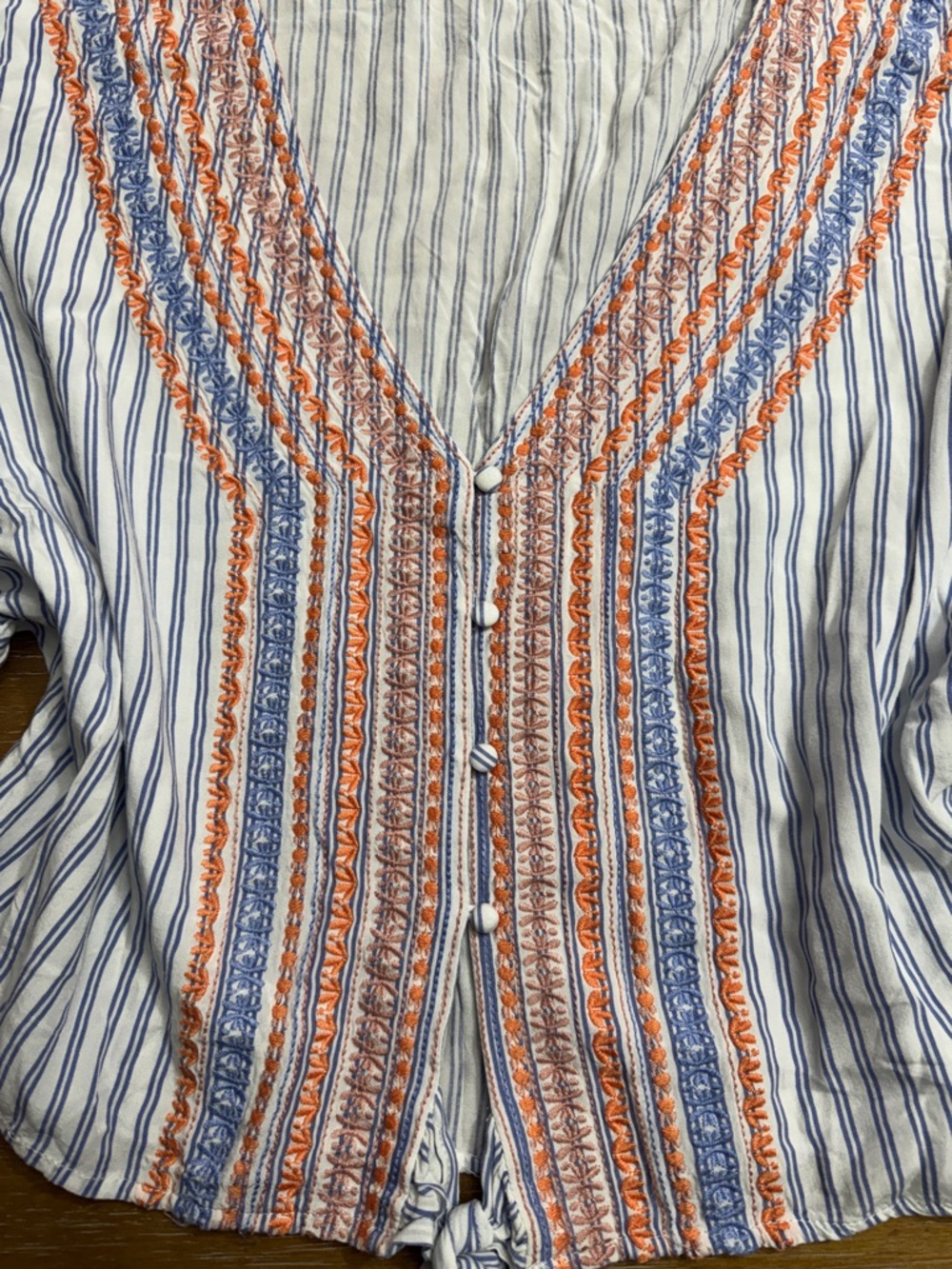 Altar’d State striped V-Neck Tie-Front Blouse with Coral & Blue Embroidery - Picture 3 of 4